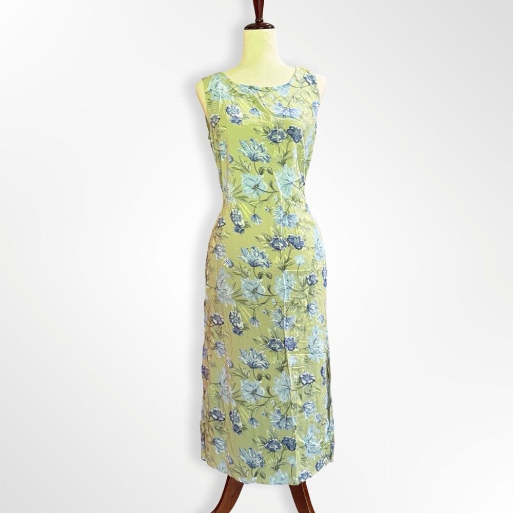 VTG 90s Sage Green Floral Long Sleeveless Sheath Dress, S Butter Mom Summer